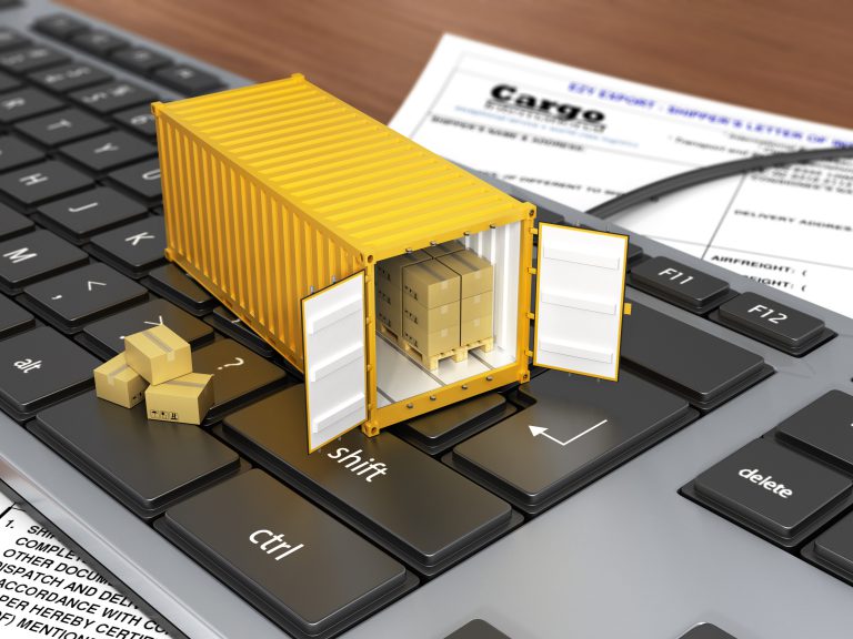Opened ship container with boxes on the keyboard. Concept of del